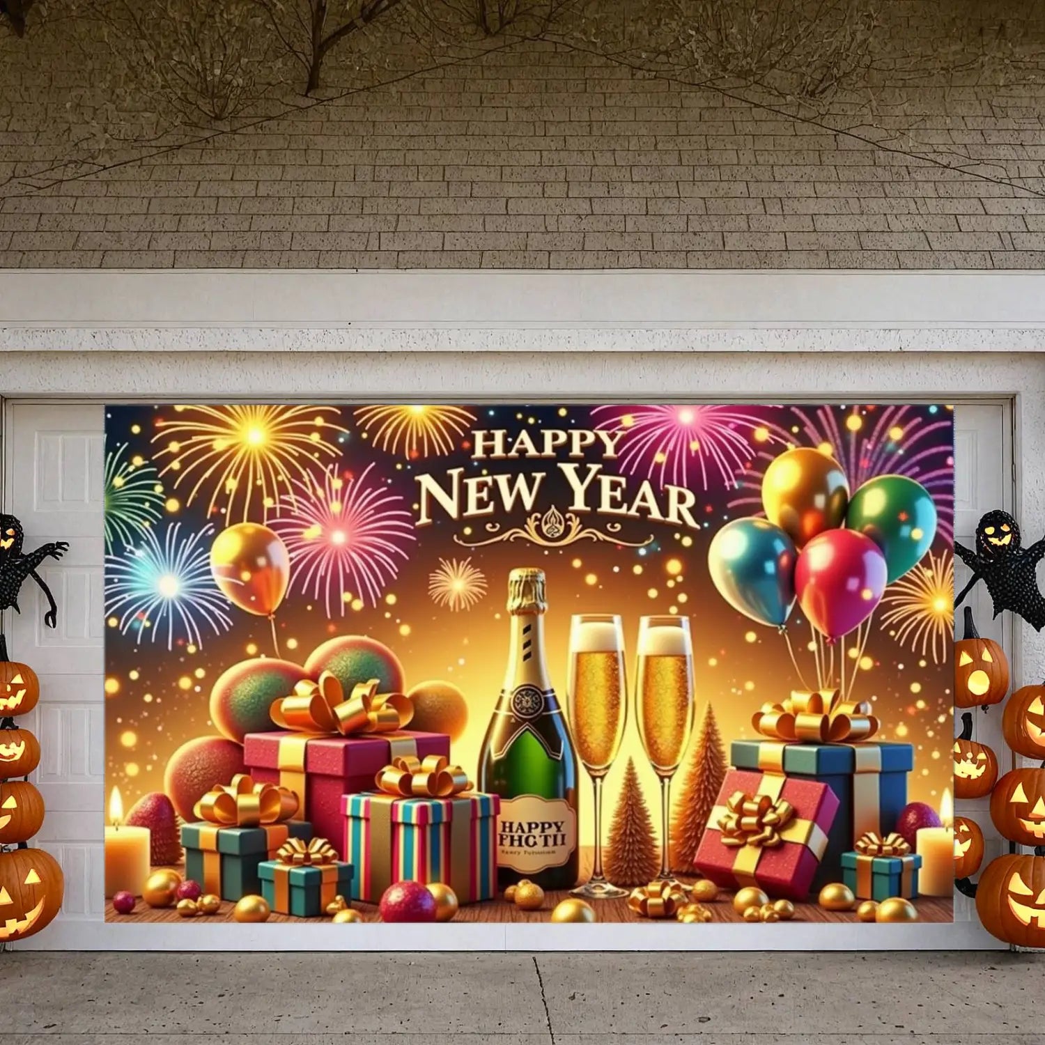 La decoración de telón de fondo para fiesta de Año Nuevo de 2026 presenta fuegos artificiales coloridos, globos, botellas de champán y regalos en colores festivos.