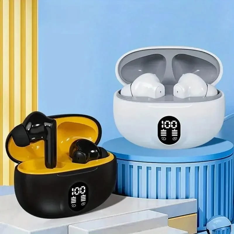 white and black wireless bluetooth earbuds with led battery display in matching charging cases designed for sport use