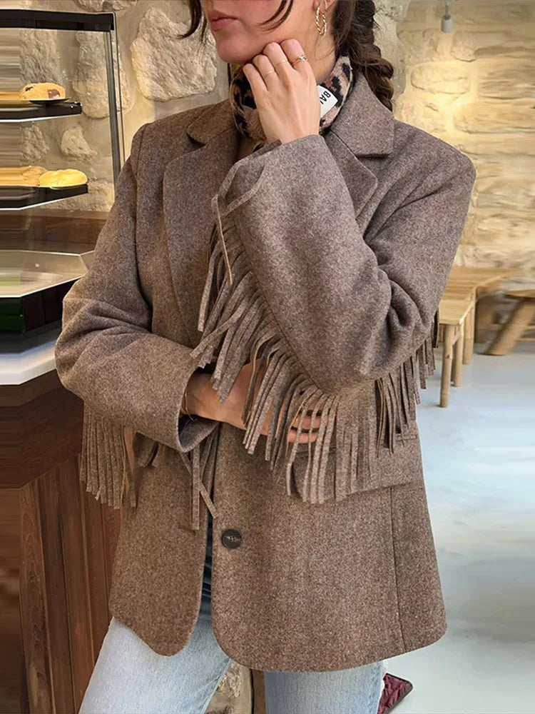 Casual Women Office Blazer With Fringes Fashion Single Breasted Long Sleeve Solid Female Coat Fashion Spring Jacket Commute