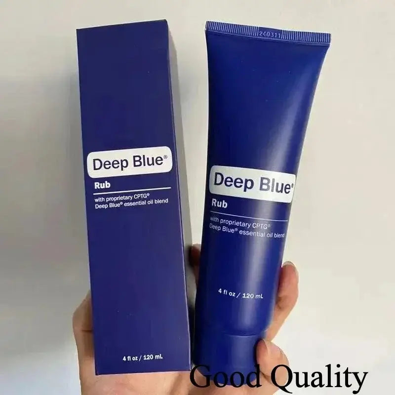 deep blue essential oil blend 120 ml tube in a sleek deep blue container with matching box featuring a proprietary cptg essential oil blend
