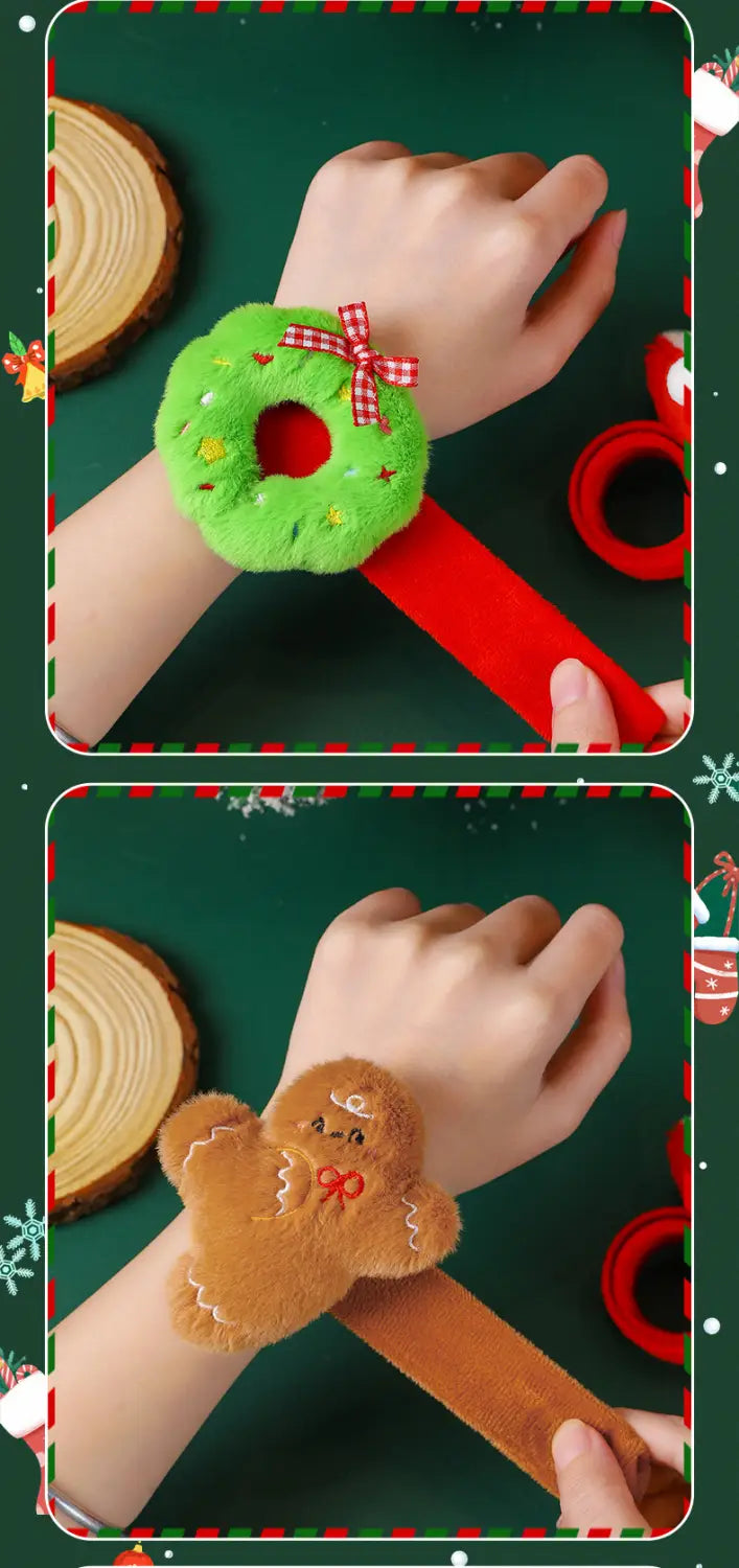 Pulsera tipo eslogan navideña esponjosa verde de fieltro para niños, con un lazo con diseño de cuadros rojo y blanco.