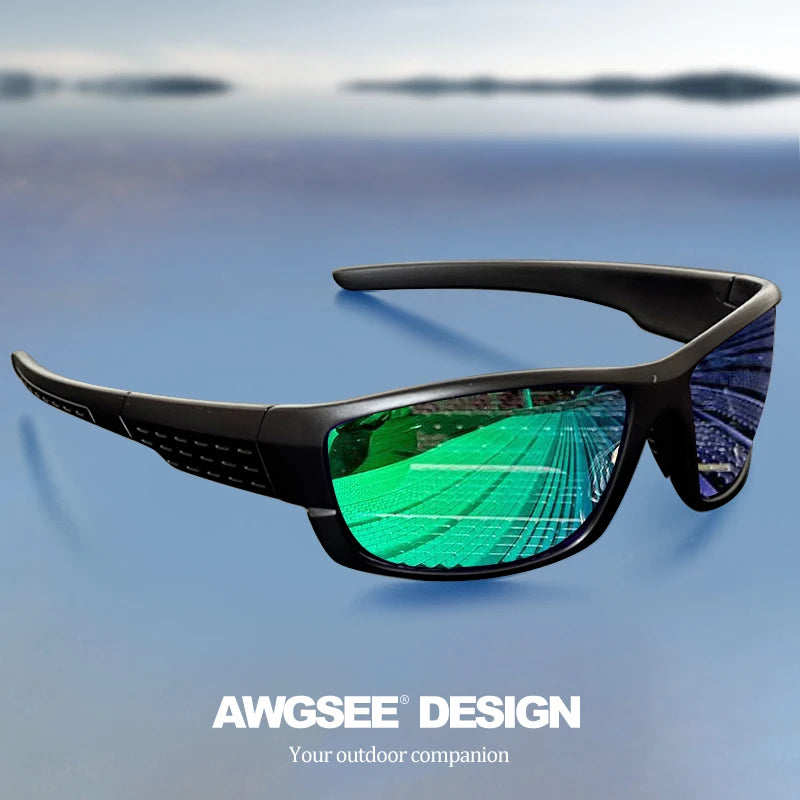 black-framed polarized sports sunglasses uv400 with reflective green and purple lenses designed for outdoor activities.