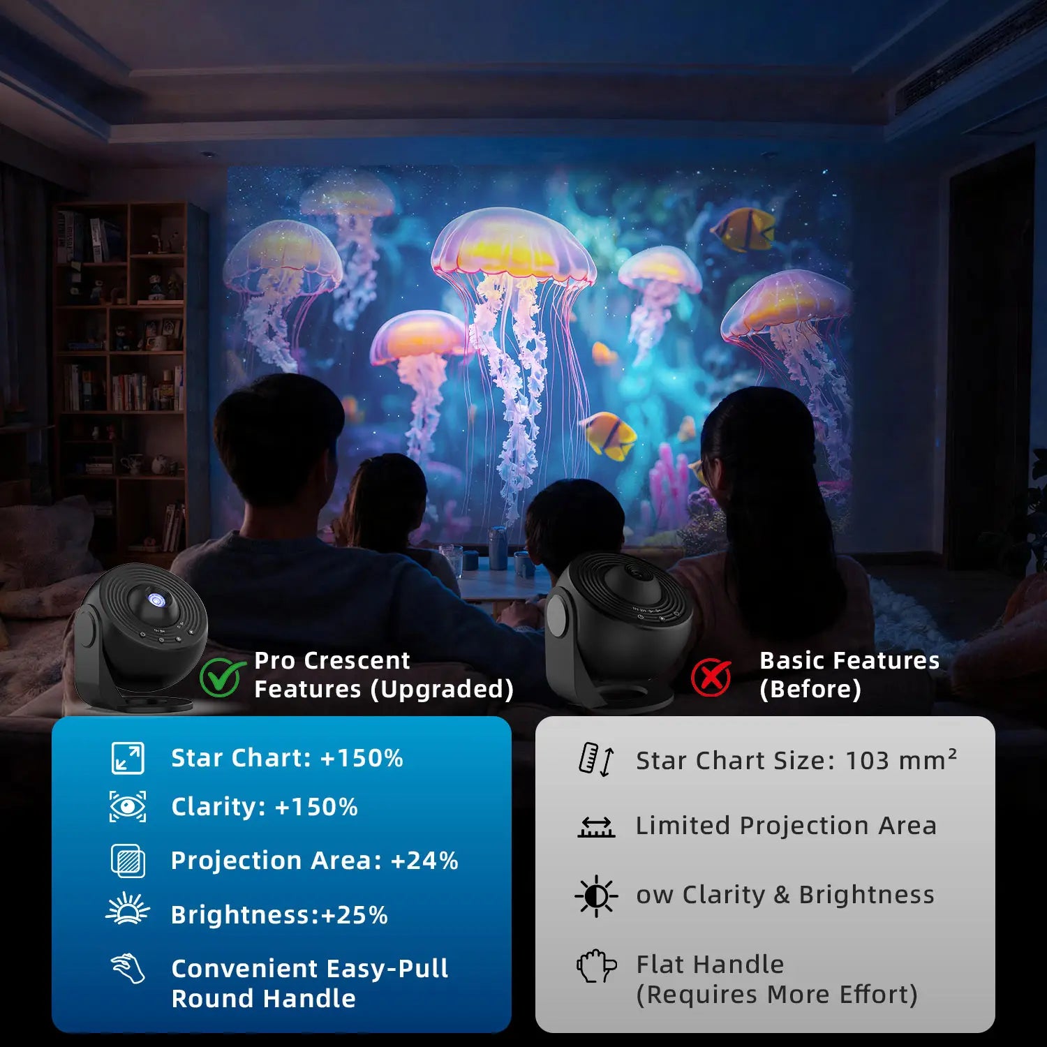 the projector pro 25 in 1 galaxy star night light displays a vibrant underwater scene with glowing jellyfish and fish, creating an immersive visual experience on the wall.