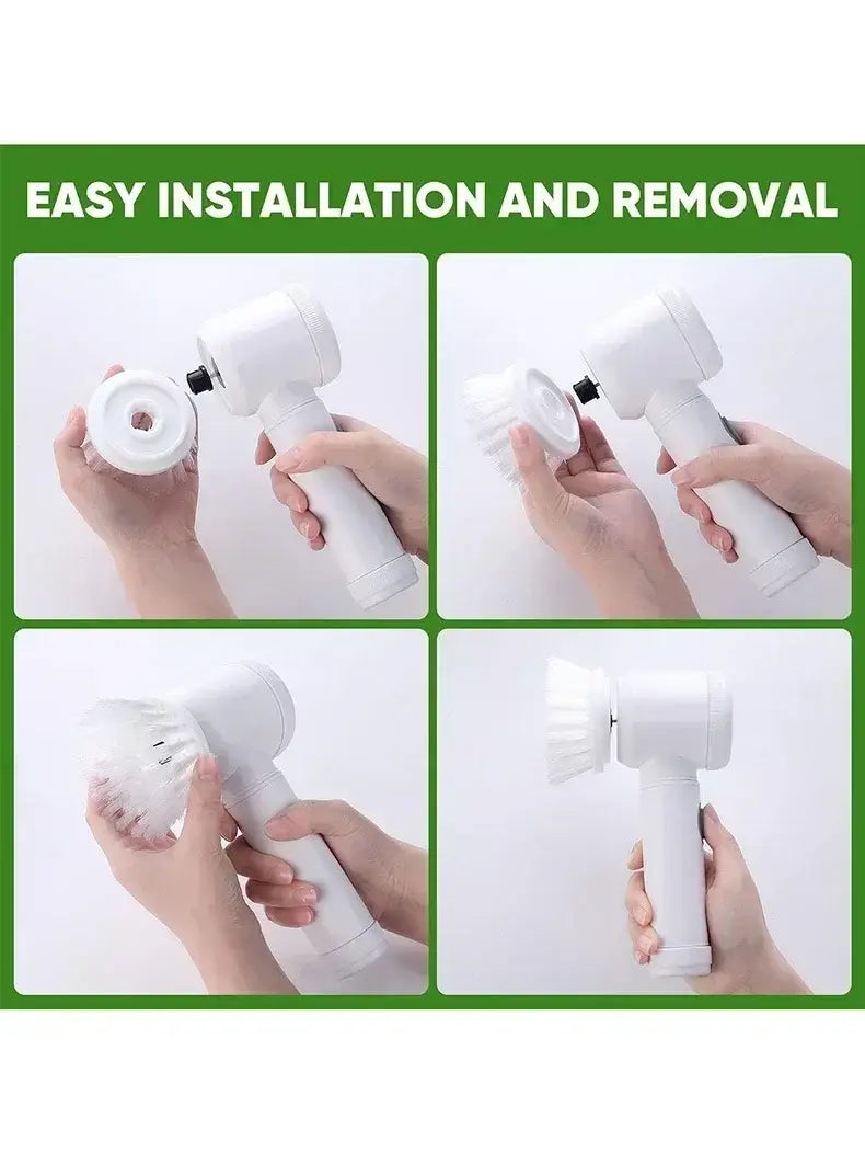 Brosse de nettoyage électrique à rotation sans fil portative en plastique blanc avec tête circulaire amovible et poils souples, pour le nettoyage sans fil.