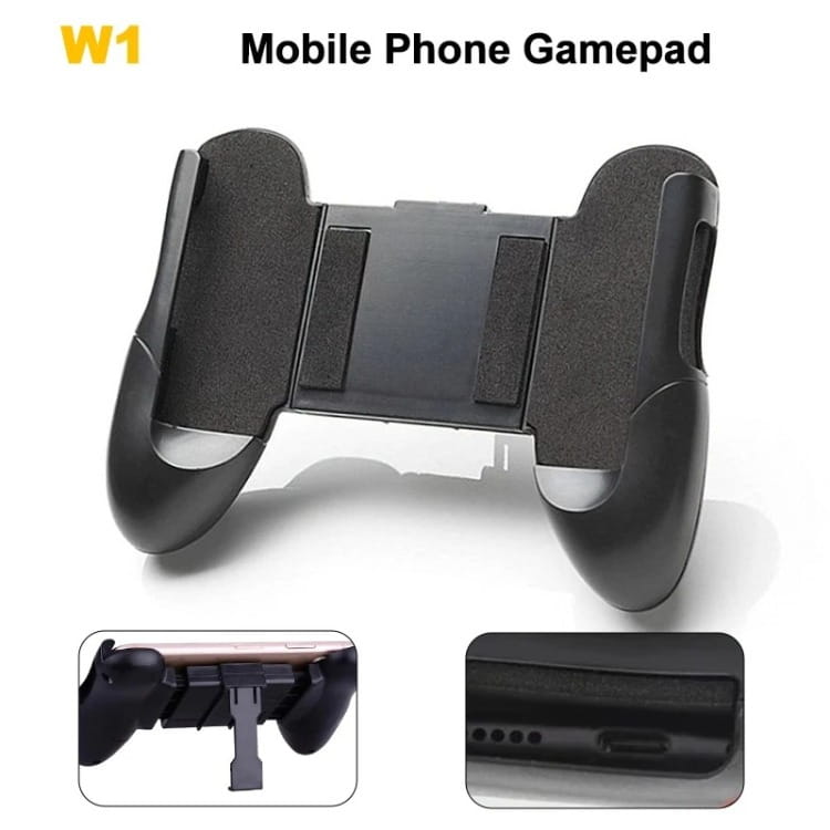 Mando/joystick de teléfono móvil de plástico negro, con superficies de agarre texturizadas y ranura central, diseñado para joysticks de gamepad de teléfono móvil compatibles con dispositivos iOS y Android