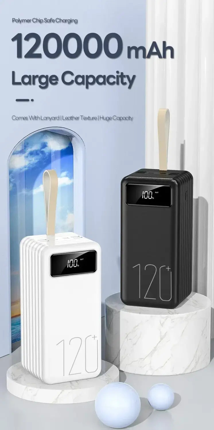 Black and white polymer portable power banks with leather-textured surfaces featuring digital displays showing 100 percent charge and 120 plus branding for 120000mah 66w fast charging.