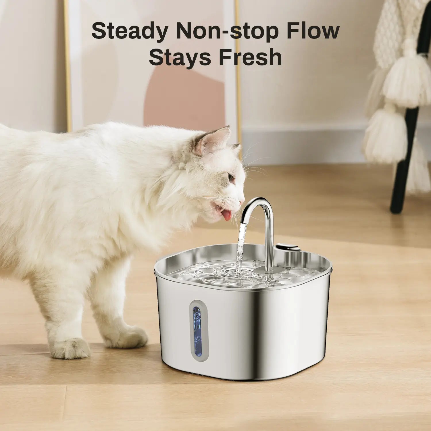 Edelstahl-Futter- und Trinkbrunnen für Haustiere mit elegantem gebogenem Auslauf und transparentem Füllstandsindikator mit integrierter Wasserpumpe für eine effiziente Wasserversorgung.