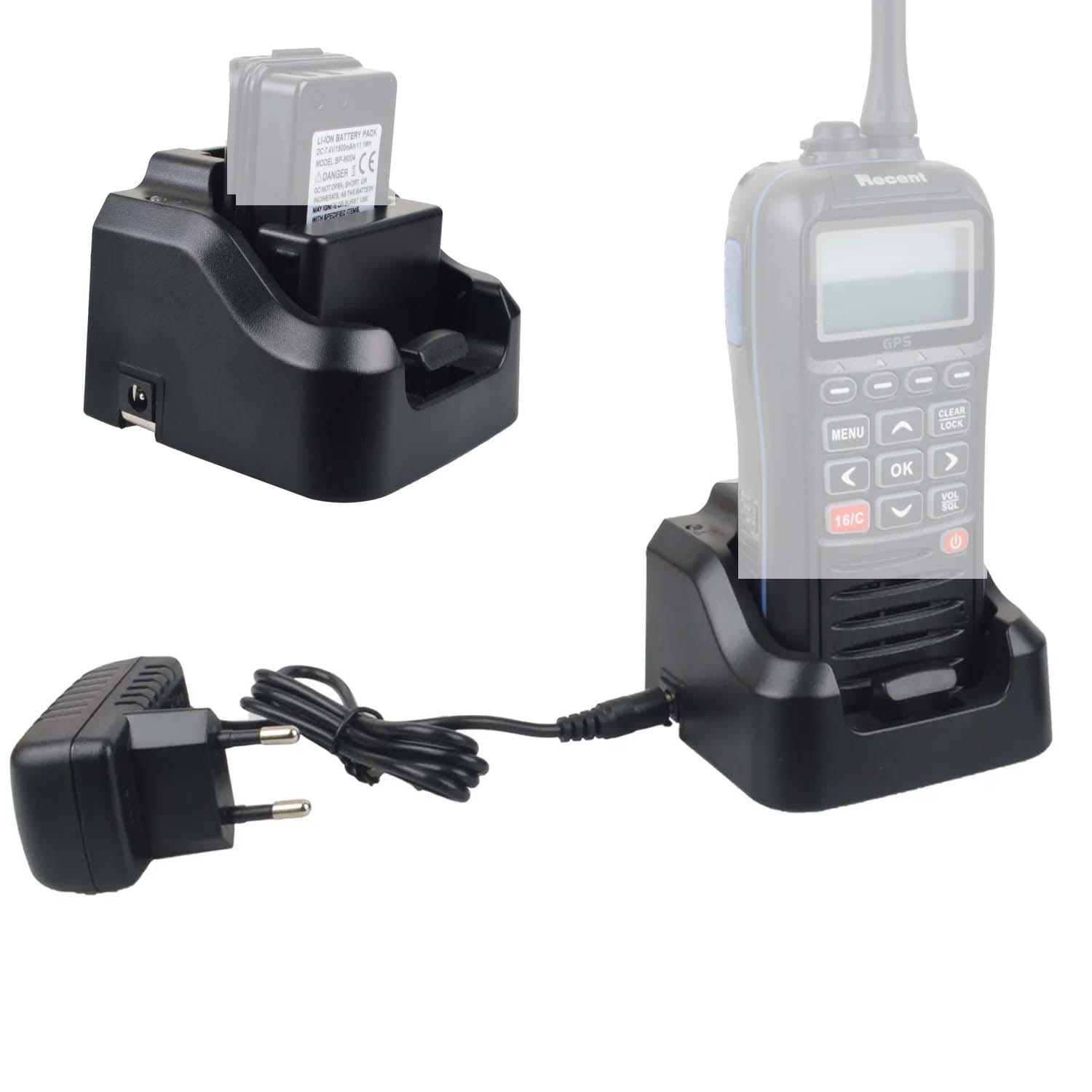 black plastic charging base made of durable plastic for vhf marine radio rs-38m model designed as a vhf marine radio charger