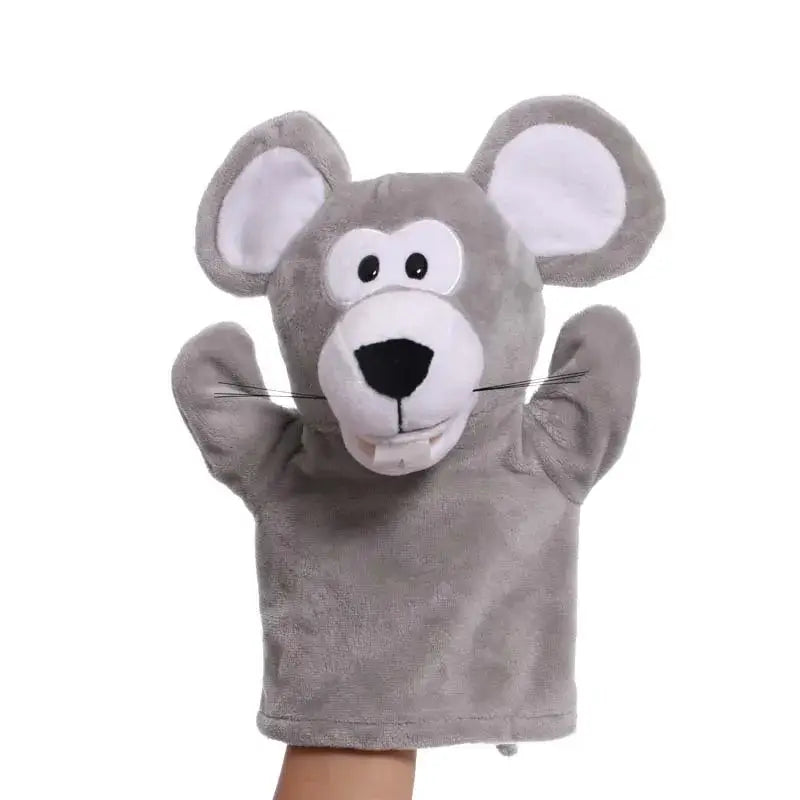 Gray plush mouse hand puppet with white inner ears black nose and eyes and stitched whiskers from the plush lion elephant bunny hand finger puppet educational baby toys collection.