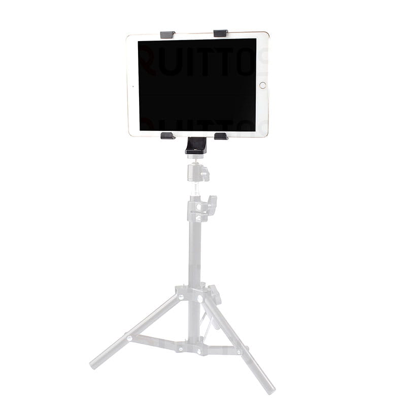 white tablet held by a silver adjustable tripod mount designed as a tablet holder and stand for ipad and smartphones