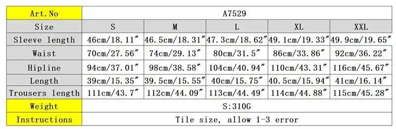 Size chart for purple satin two piece set wide leg pants with measurements in centimeters and inches for sizes S to XXL.