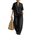 Women's 2 Piece Denim Outfit Summer Short Sleeve V Neck Lapel Top Wide Leg Pants With Pockets Casual Vacation Sets