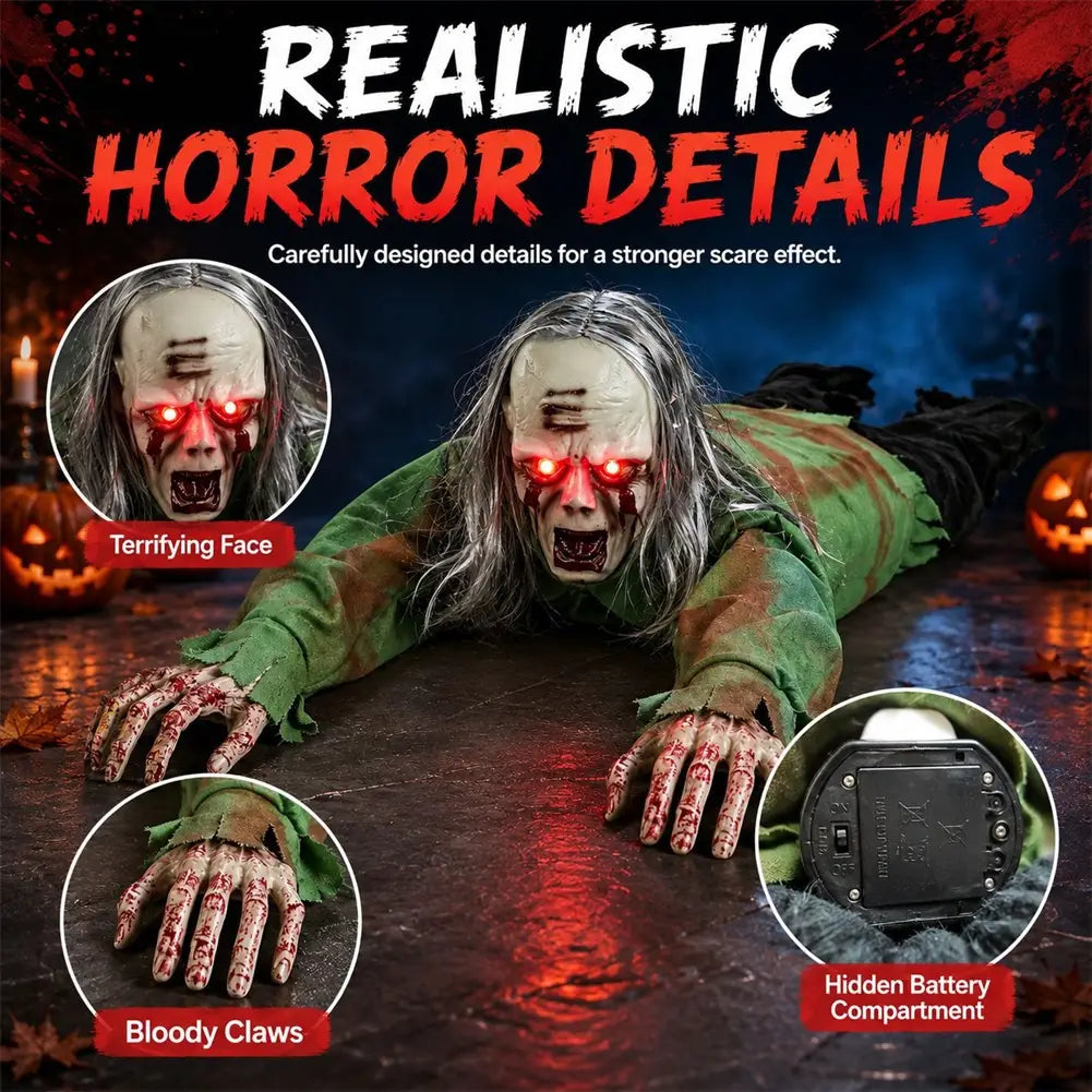 ein realistisches, animiertes kriechendes Zombie-Halloween-Prop mit Sound und Lichtern, mit leuchtenden roten Augen, grau-weißem Hautbild und einem zerrissenen grünen Outfit.