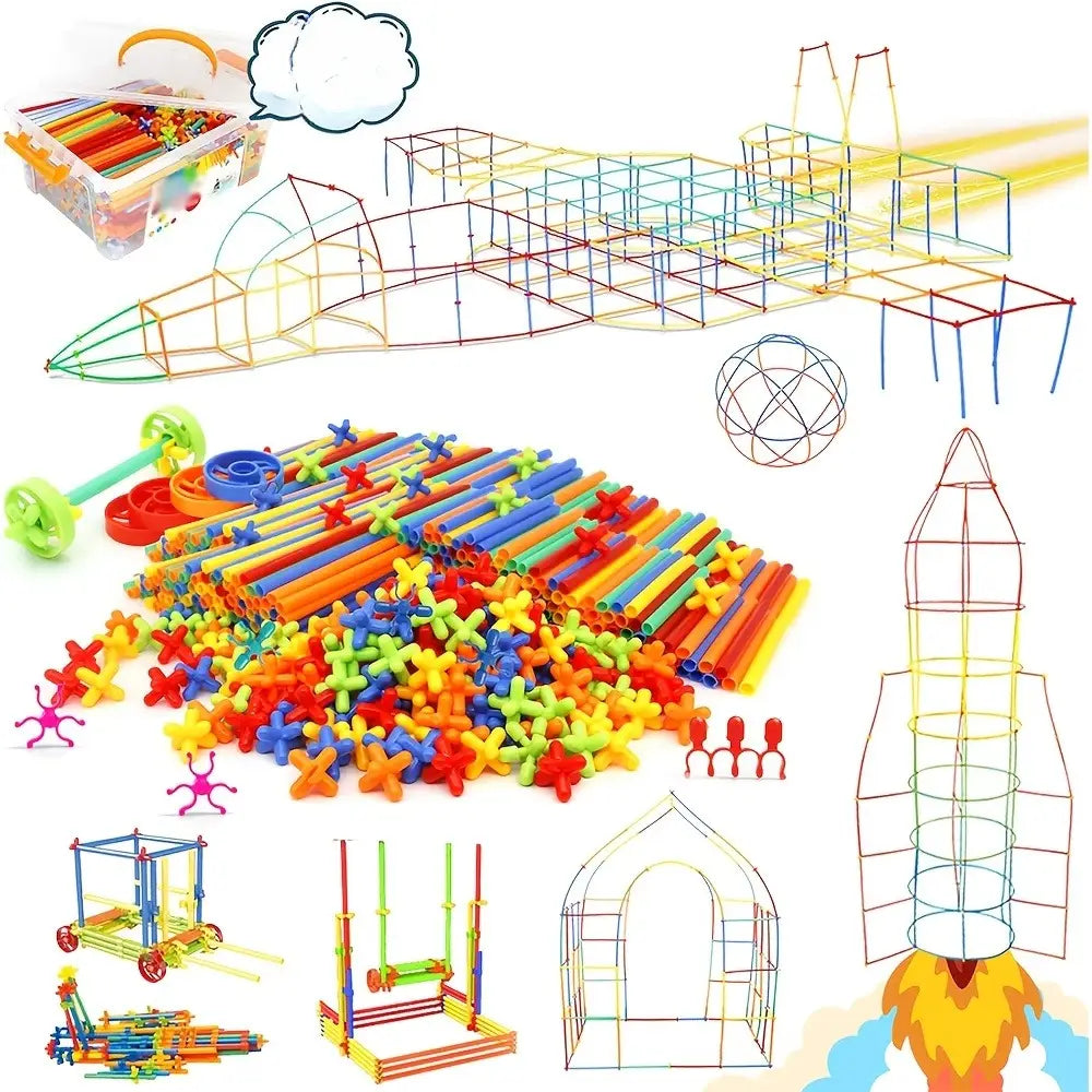 Jouets de construction en paillettes en plastique colorées, blocs d’ingénierie à emboîtement avec divers tubes et connecteurs pour des constructions créatives.
