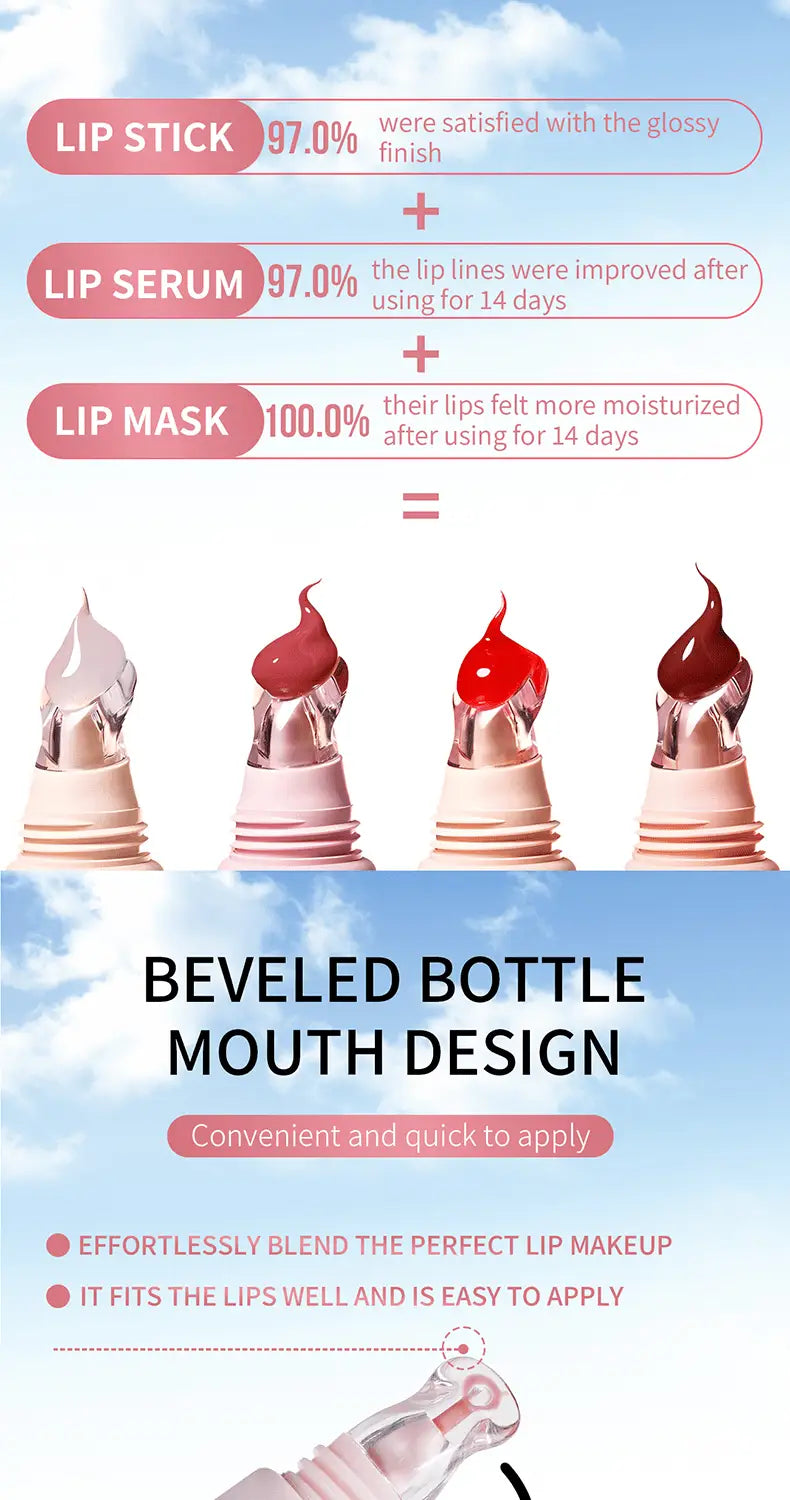 The image displays hydrating fruit flavored glossy lip balms in clear glass tubes with beveled bottle mouth designs featuring glossy red and dark burgundy shades.