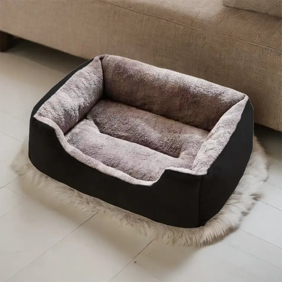 black and gray plush rectangular cat bed with a soft fuzzy interior lining designed as a comfortable pet basket