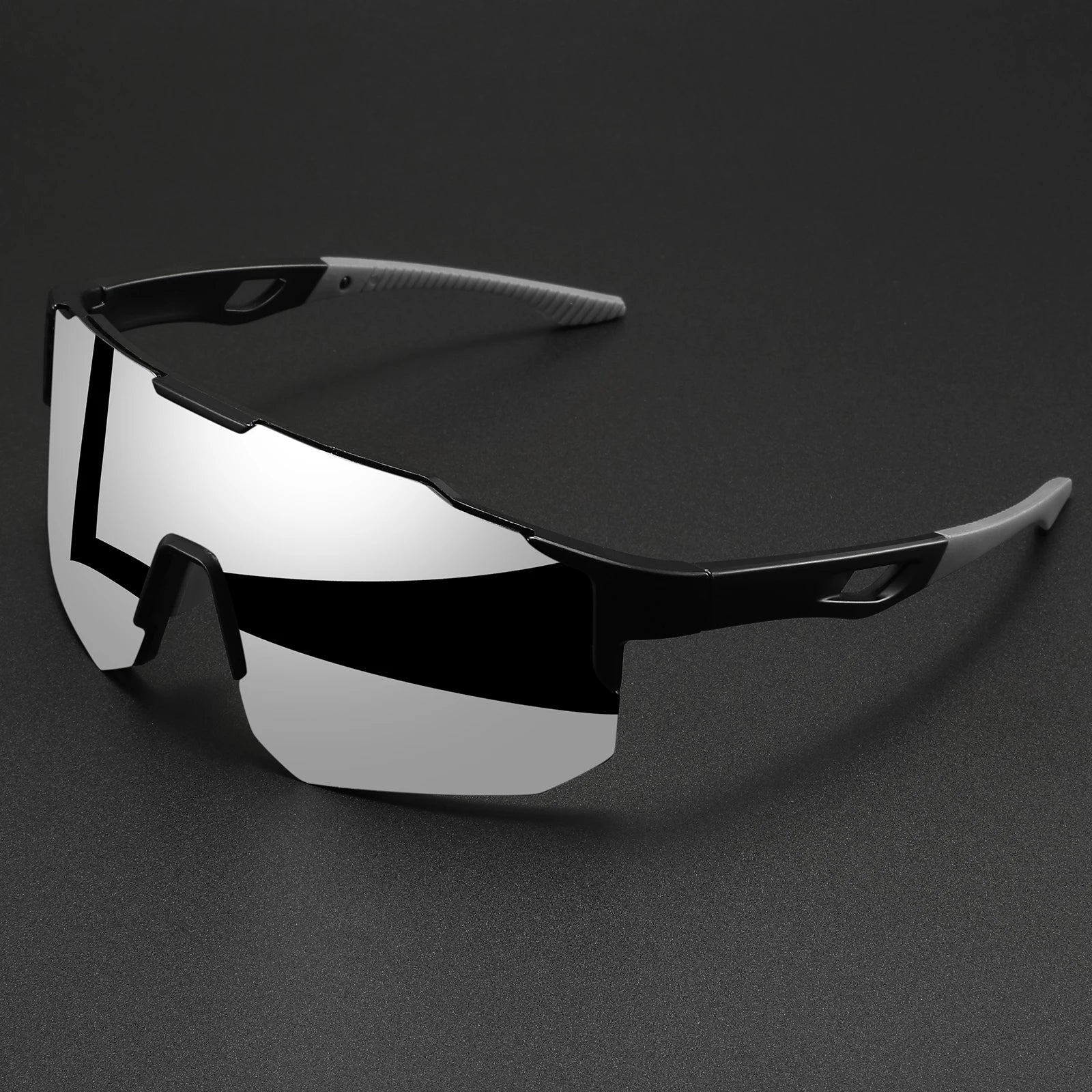 Black and gray oversized wraparound sports sunglasses with reflective silver lenses featuring a unisex comfort fit and UV400 protection.