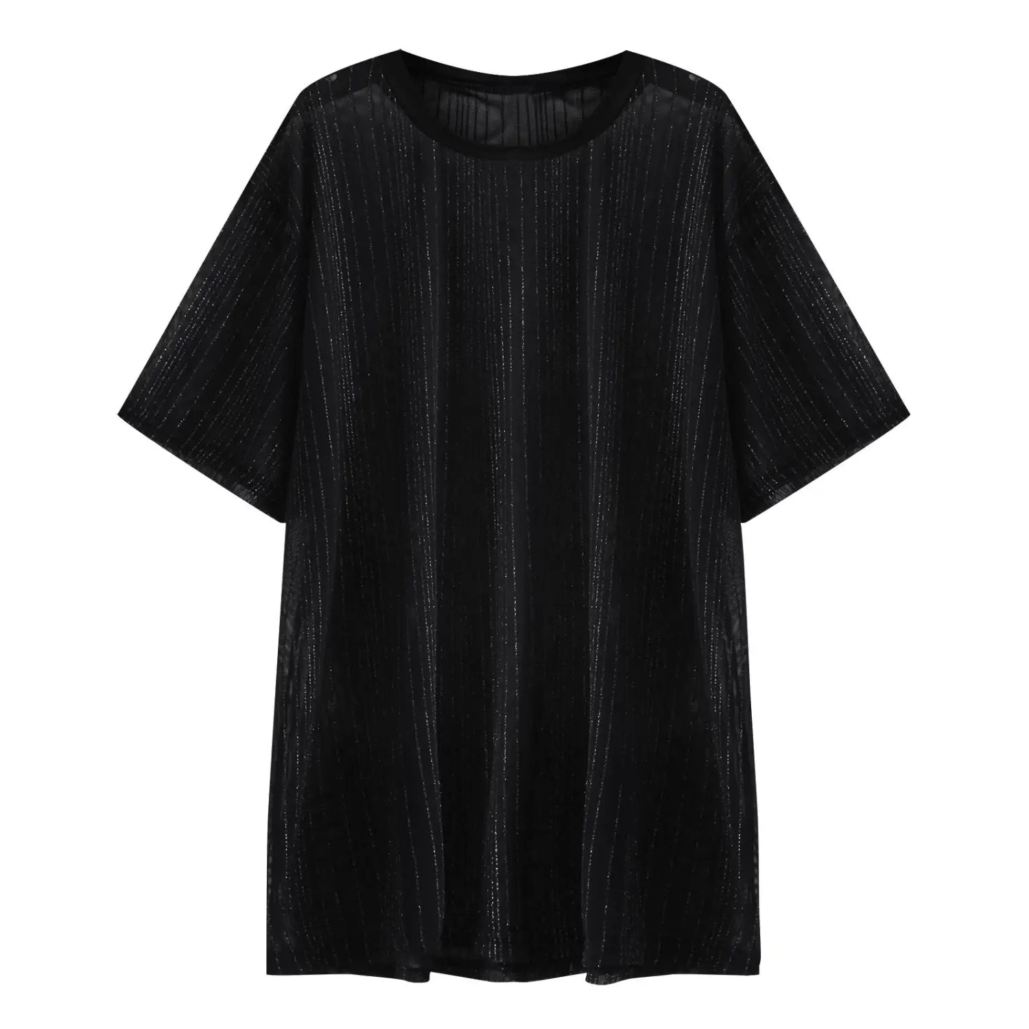 Black loose-fitting men glitter mesh t-shirt with short sleeves and a subtle vertical shimmer texture.