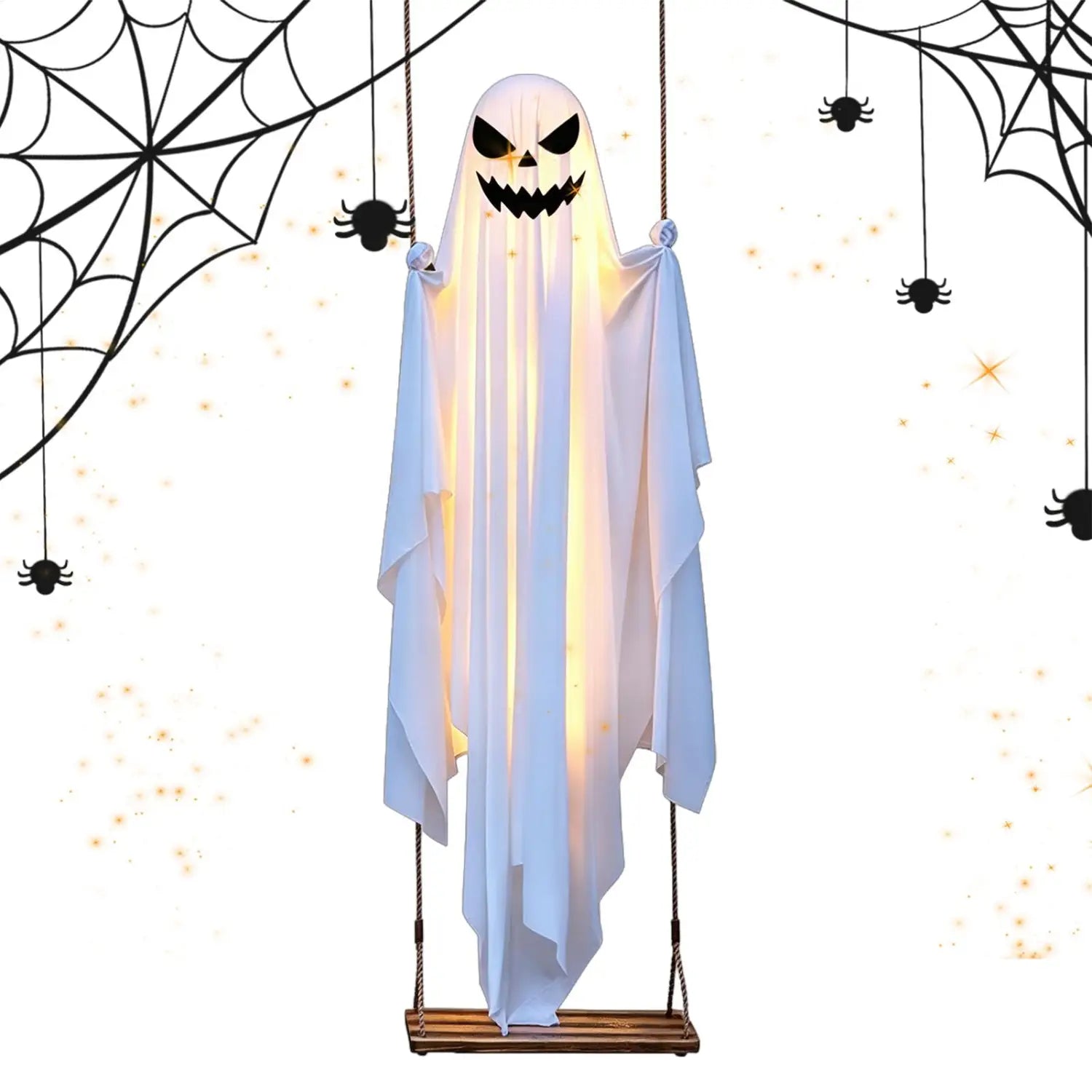 Una decoración de columpio de árbol de Halloween con fantasma colgante blanco y brillante, con un rostro de calabaza tallado, colgada de cuerdas en un columpio de árbol de madera de 47 pulgadas