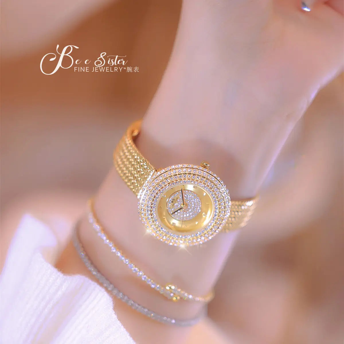 A sparkling gold diamond mesh women watch with a diamond-encrusted face and band featuring an elegant circular design and luxury waterproof qualities.