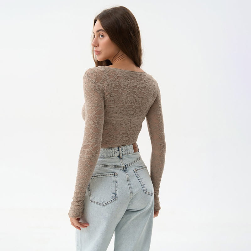 A taupe brown lace long sleeve crop top for women aesthetic clothes featuring a fitted sheer design.