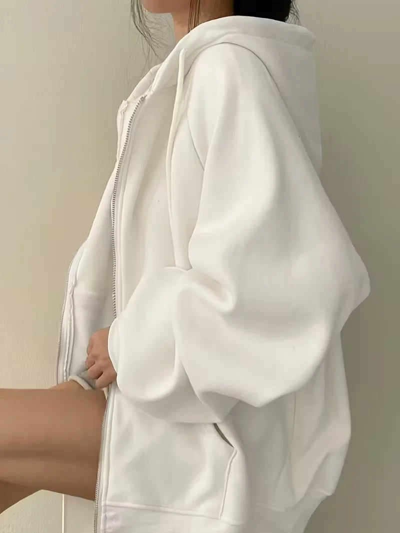 Women's Casual Oversized Hoodies Sweatshirt Zipper Pockets Solid Color Pullover Loose Fit  Autumn Winter Fall Streetwear Jacket