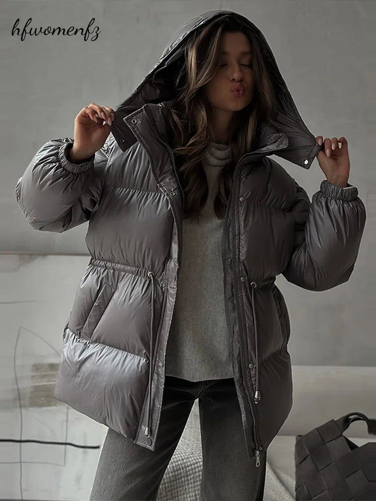 Women's Hooded Winter Jacket Drawstring Waist Cinched Long Sleeve Zip Up Solid Warm Padded Coat 2026 Fashion Lady Thick Parkas
