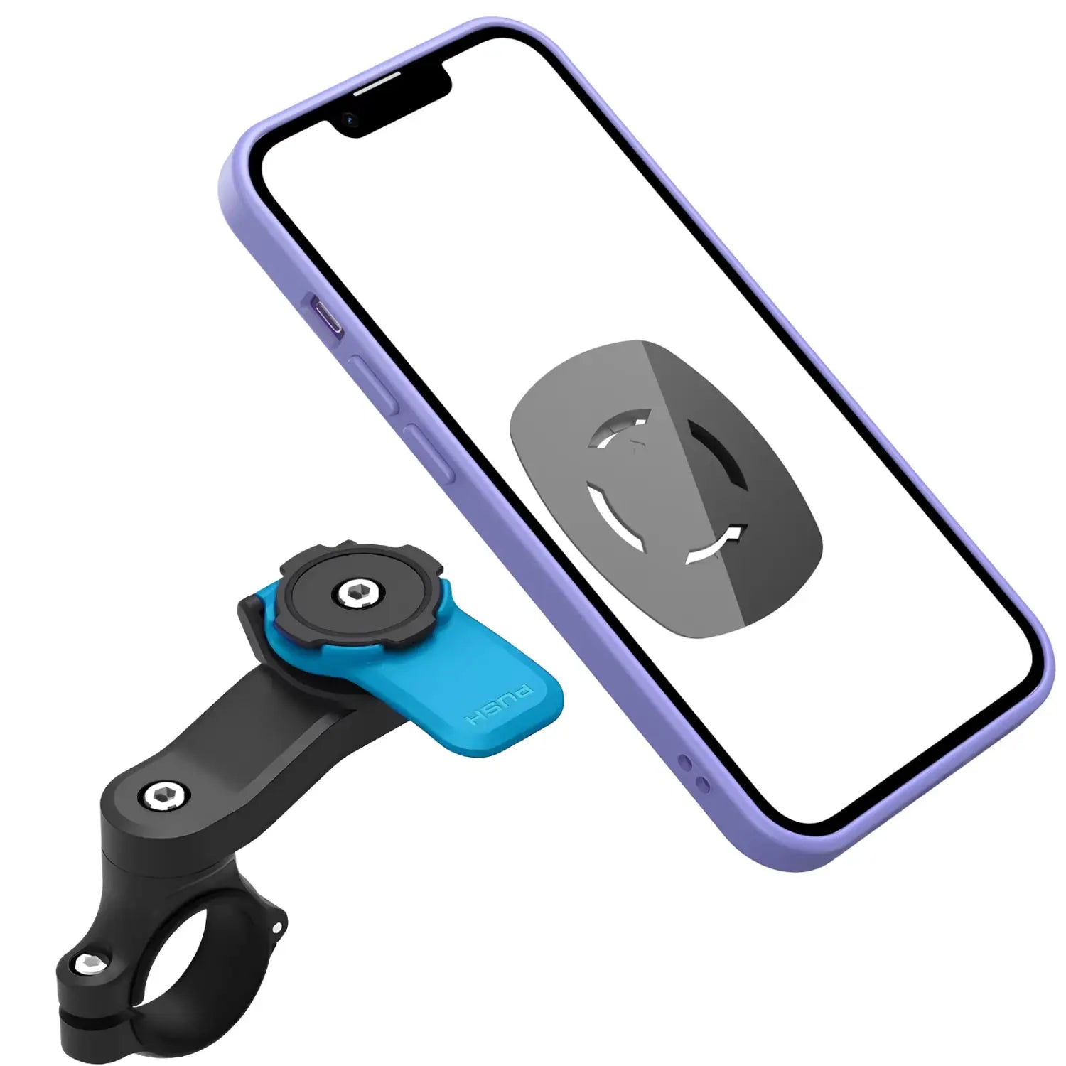 Purple iPhone attached to a black and blue magnetic bike phone mount universal handlebar GPS holder shown from the back side.