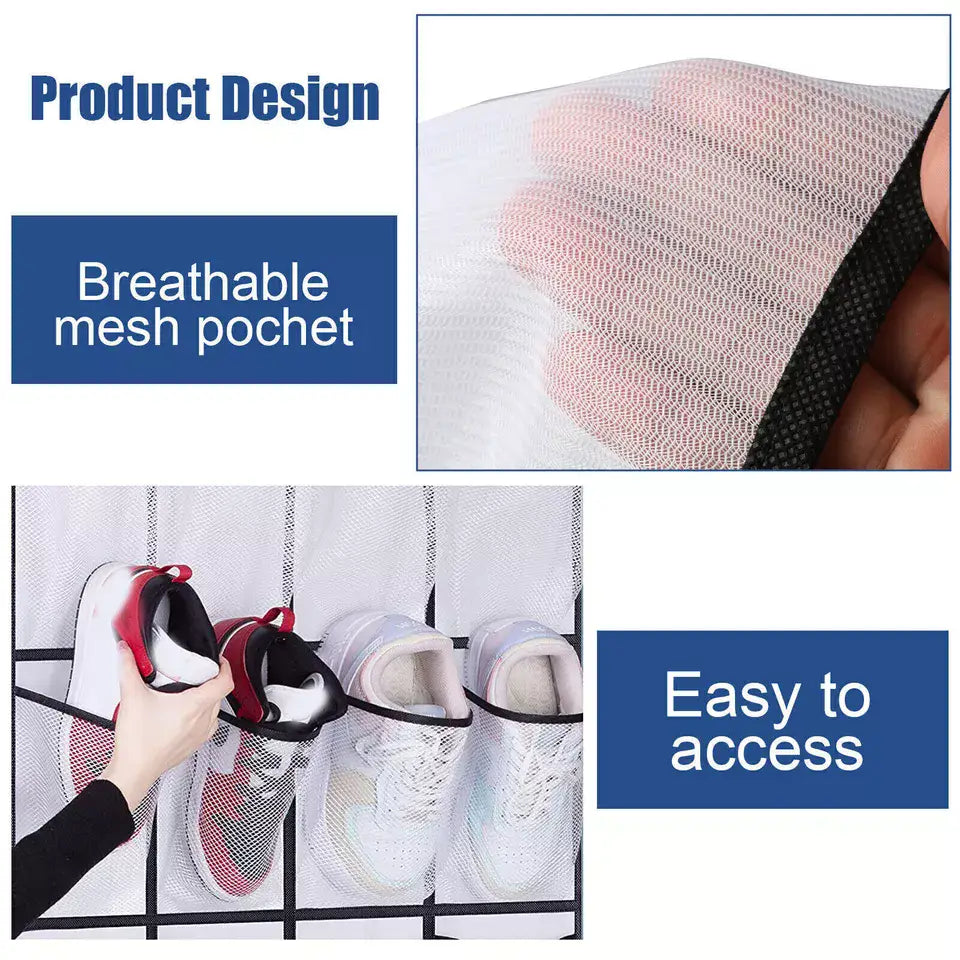 Organisateur de chaussures suspendu à la porte en maille respirante blanche, avec 28 poches et finitions noires, conçu pour un rangement efficace des chaussures sur la porte