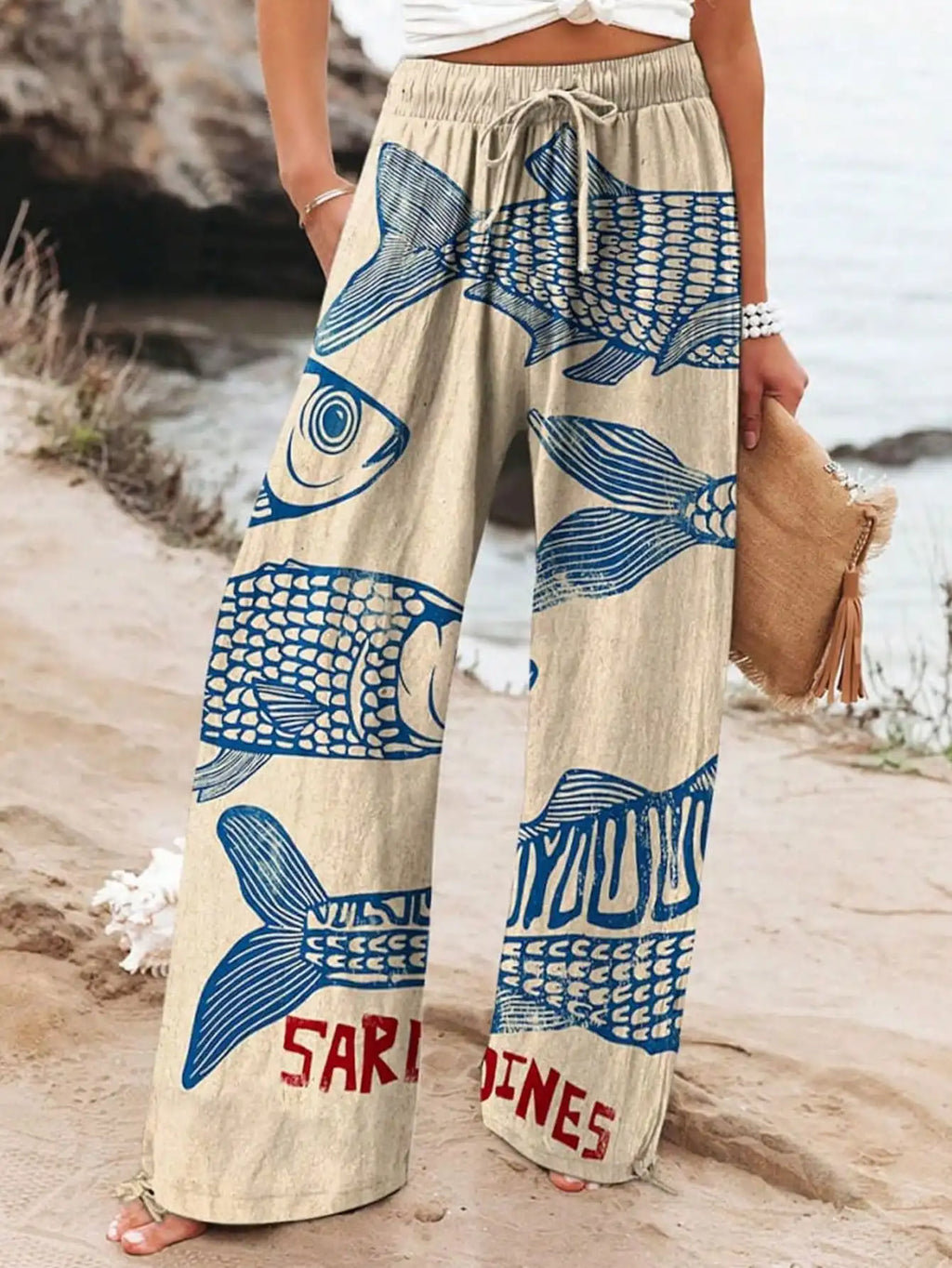 Women's Wide Leg Pants 2026 Autumn Fashion Elastic Waist Drawstring Straight Loose Trousers with Fish Print Casual