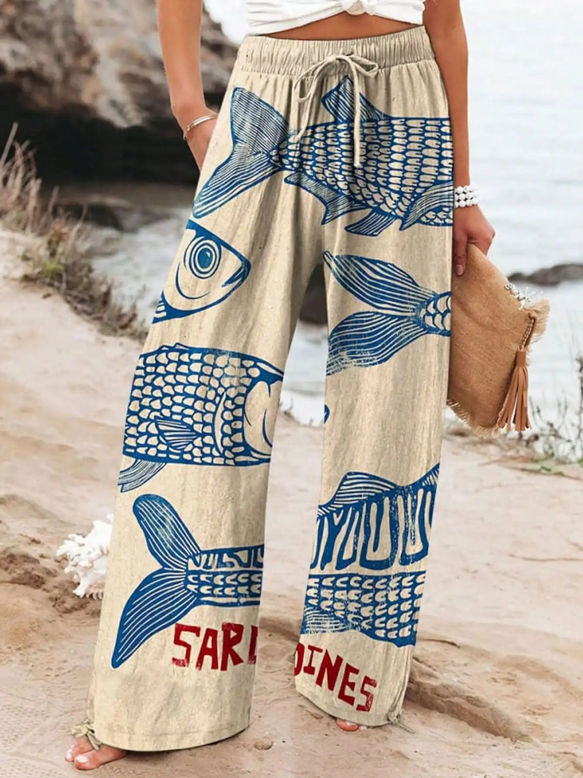 Women's Wide Leg Pants 2026 Autumn Fashion Elastic Waist Drawstring Straight Loose Trousers with Fish Print Casual