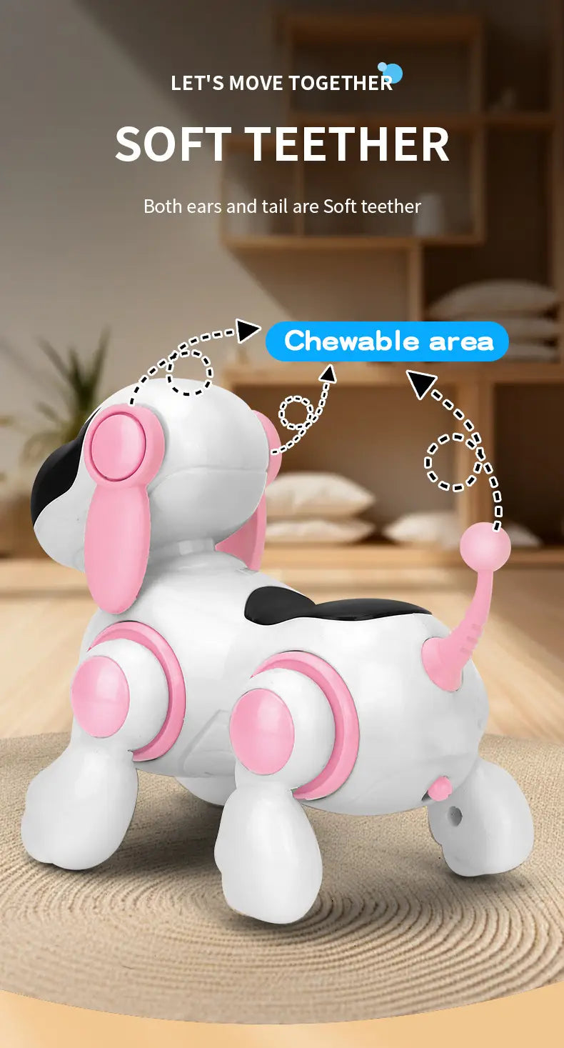 柔らかく噛める耳と尾を備えた白色およびピンク色のロボット子犬を特徴とする、耐久性のあるペット玩具タイプのインタラクティブなロボット犬の歩行玩具。