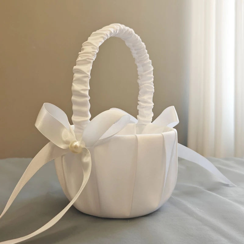 New Wedding Flower Baskets and Ring Pillow Set Bridal White Satin Bow Decor Wedding Decoration Party Supplies Gifts