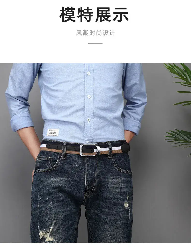 Black and white striped leather canvas web stripe belt for men with a silver-toned rectangular buckle designed for casual use.