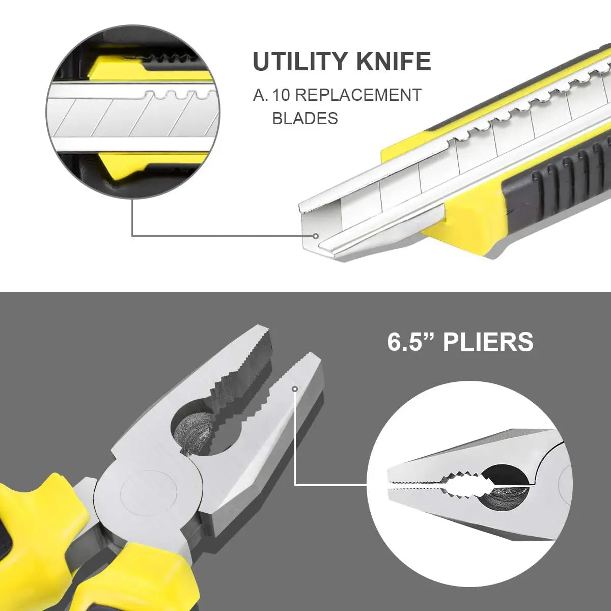Cuchillo multiusos retráctil de hoja amarilla y negra con 10 hojas de repuesto incluidas, del conjunto de herramientas manuales domésticas Wozobuy con estuche de almacenamiento.
