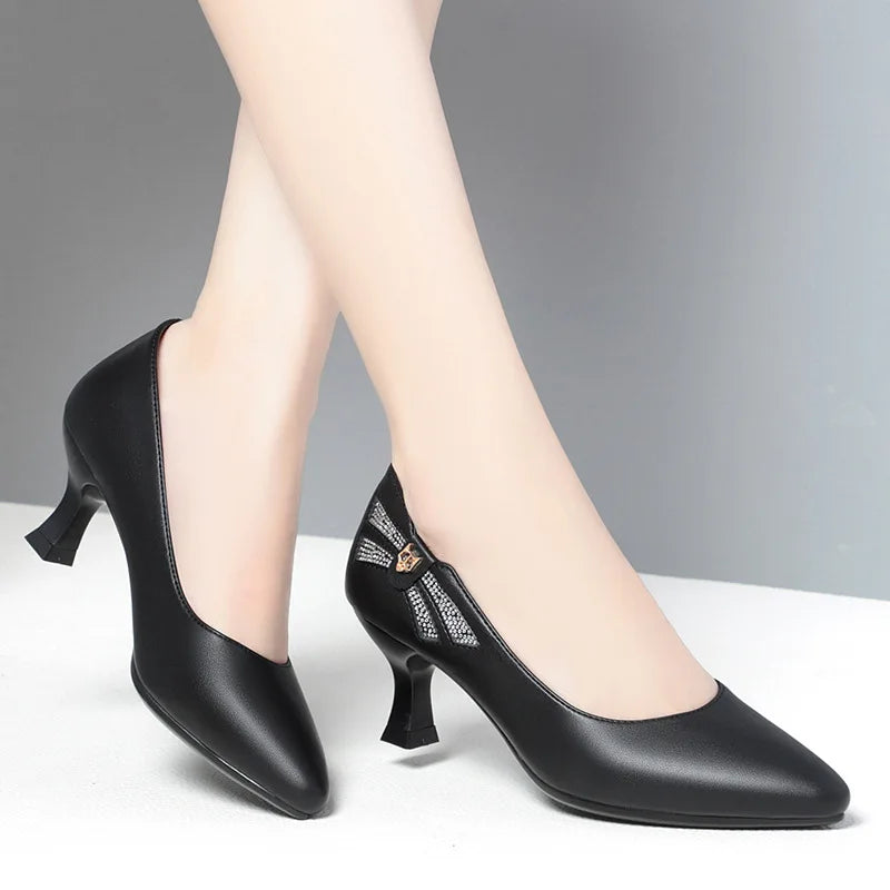 Genuine Leather Women's Shoes 2023 Spring New Single Leather Shoes Work Shoes Mid-high Heel All-match Ladies Women's Shoes