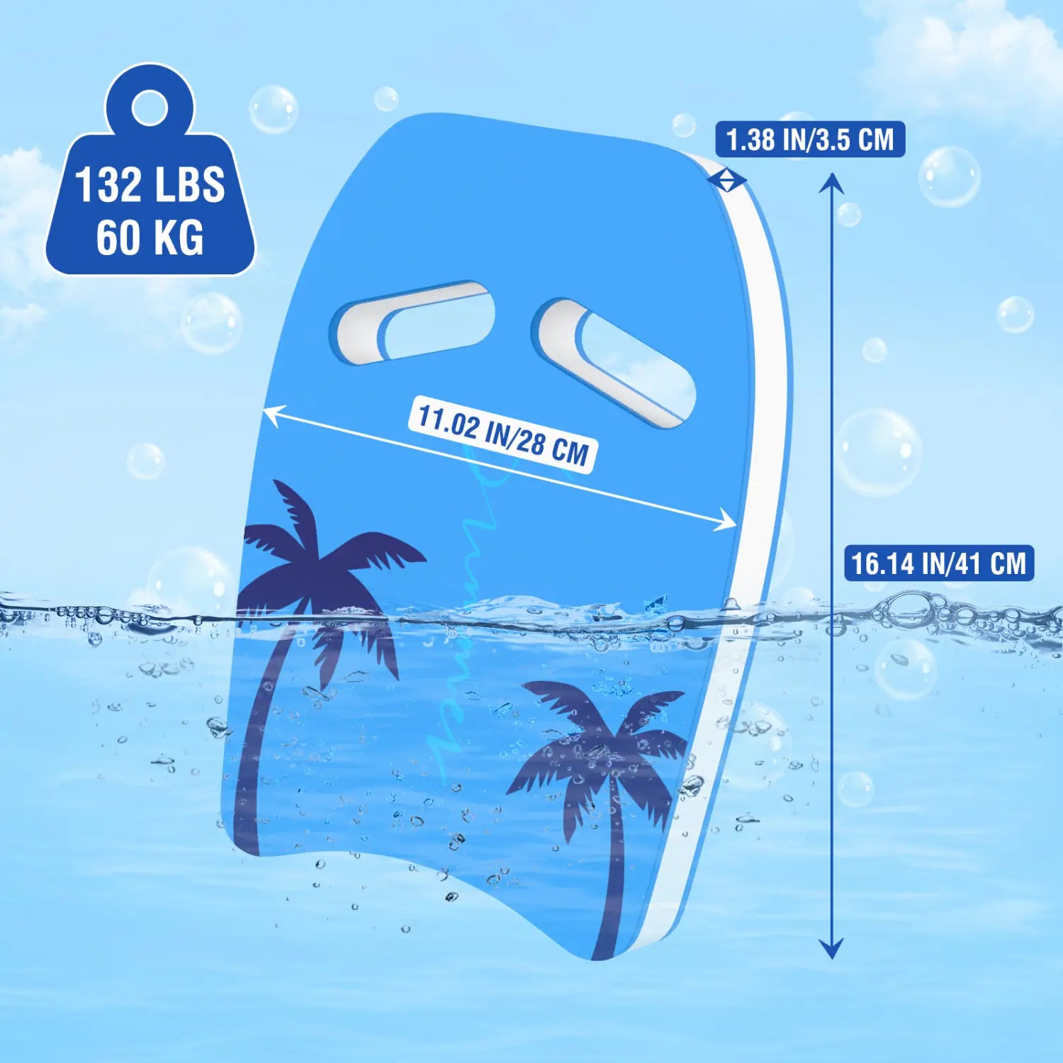 Erwachsenen-Schwimm-Kickboard aus EVA-Schaum für das Training in Blau mit weißem Besatz und Palmenmotiv.