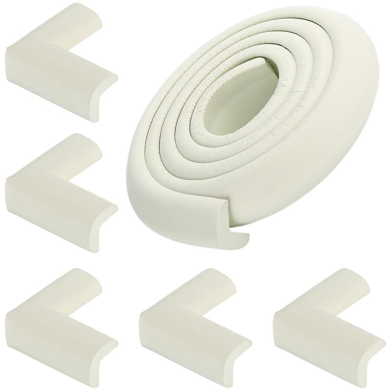 tira protectora de espuma para esquinas de mesa de seguridad infantil, de color blanco roto, con tira enrollada y varias piezas con forma de L para proteger contra la manipulación indebida de los bordes del mobiliario
