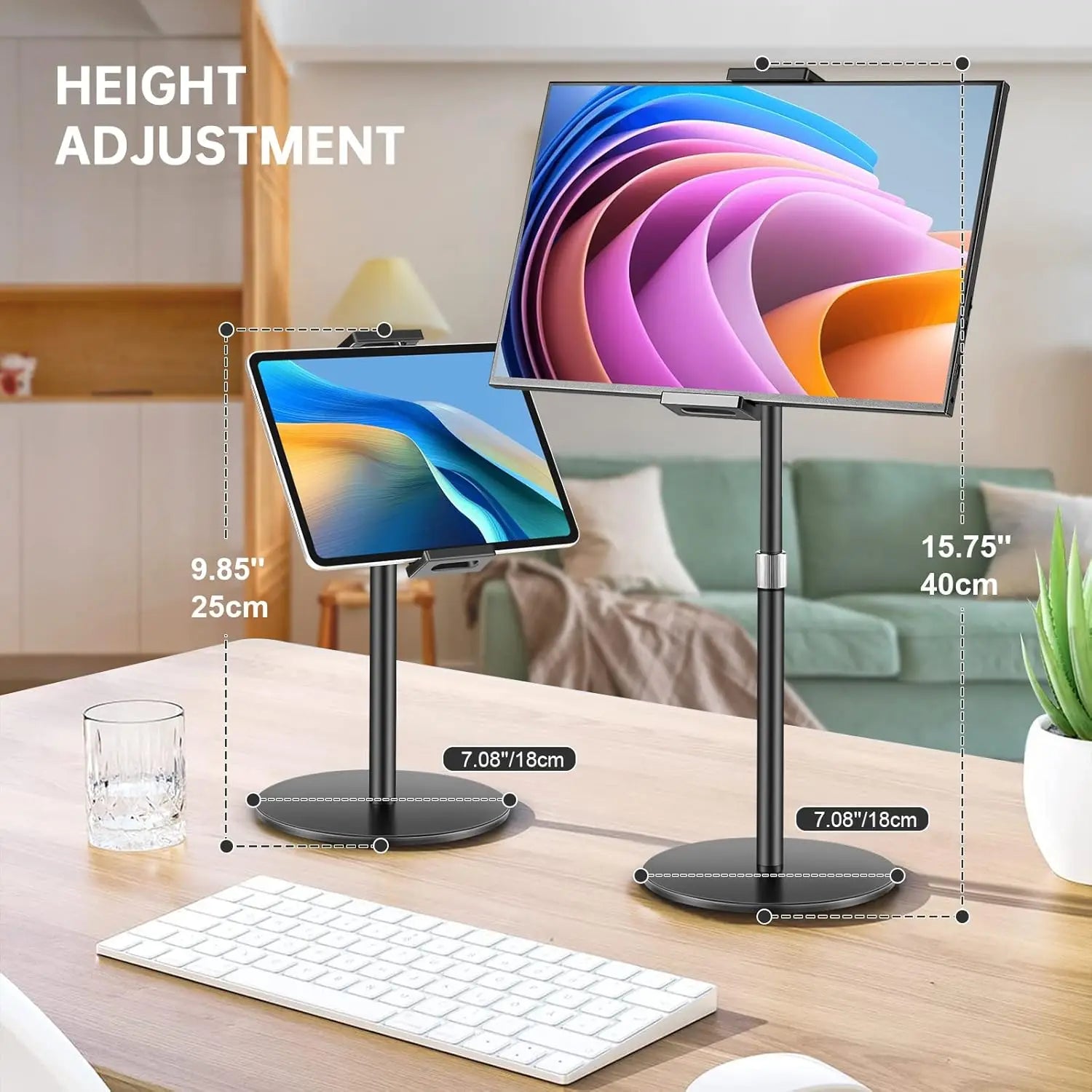 Verstellbarer, robuster Desktop-Ständer aus schwarzem Metall zur Aufnahme von Tablet und Monitor, mit Höhenmessanzeigern.