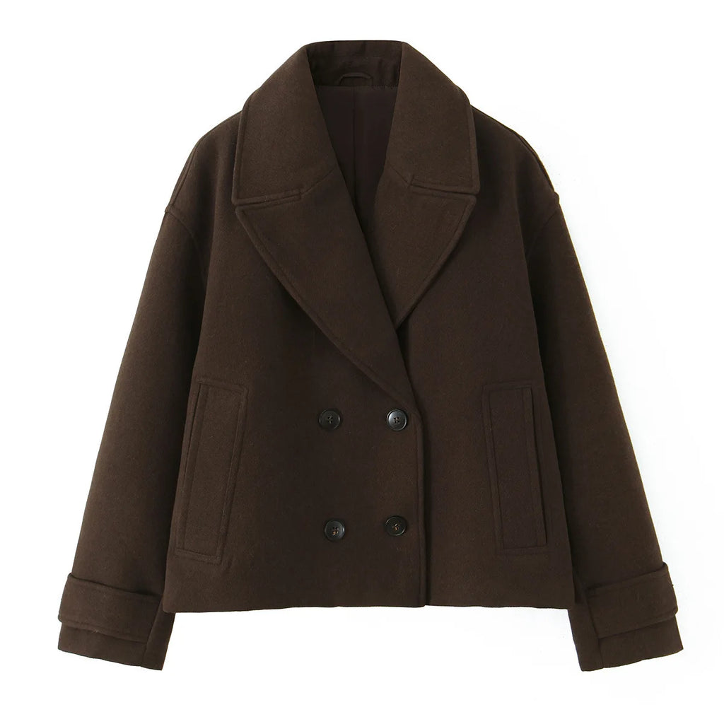 Women's Wool Blend Short Coat, Khaki/Dark Coffee Brown Lapel Collar Double-breasted Warm Wool Blend Short Coat For Winter 2025