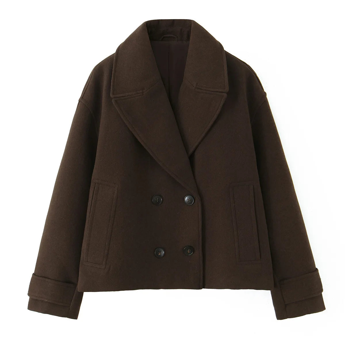 Women's Wool Blend Short Coat, Khaki/Dark Coffee Brown Lapel Collar Double-breasted Warm Wool Blend Short Coat For Winter 2025