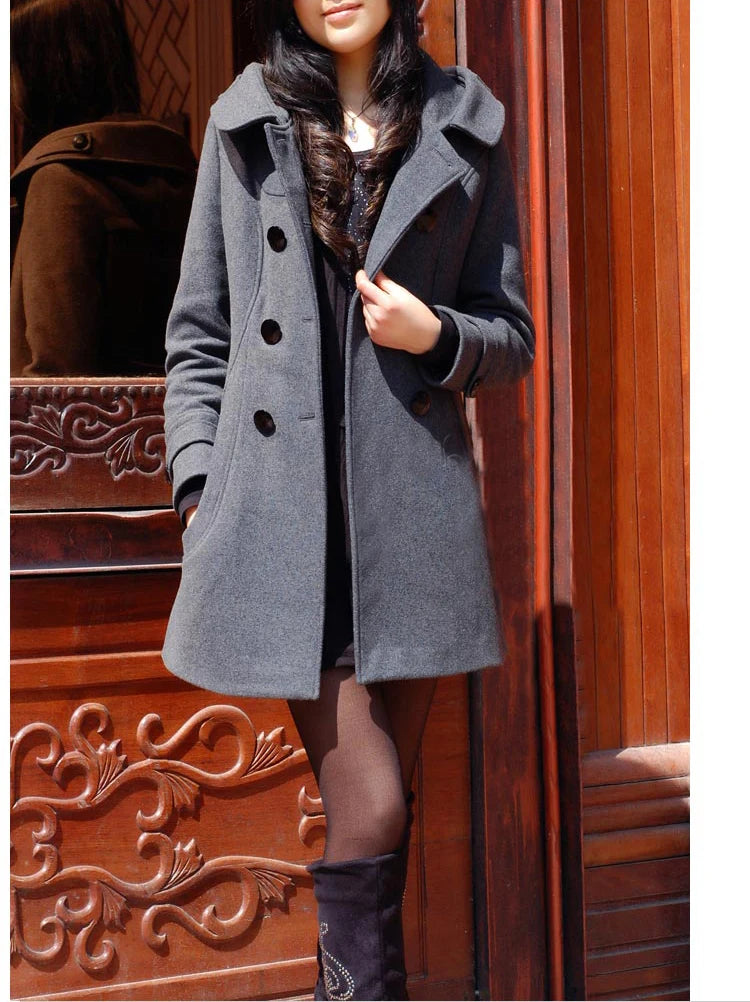 Fashion Winter Warm Mid-length Woolen Coat Women's Fall & Winter Long Sleeve Cotton Jacket with Hood  Double-breasted Outerwear