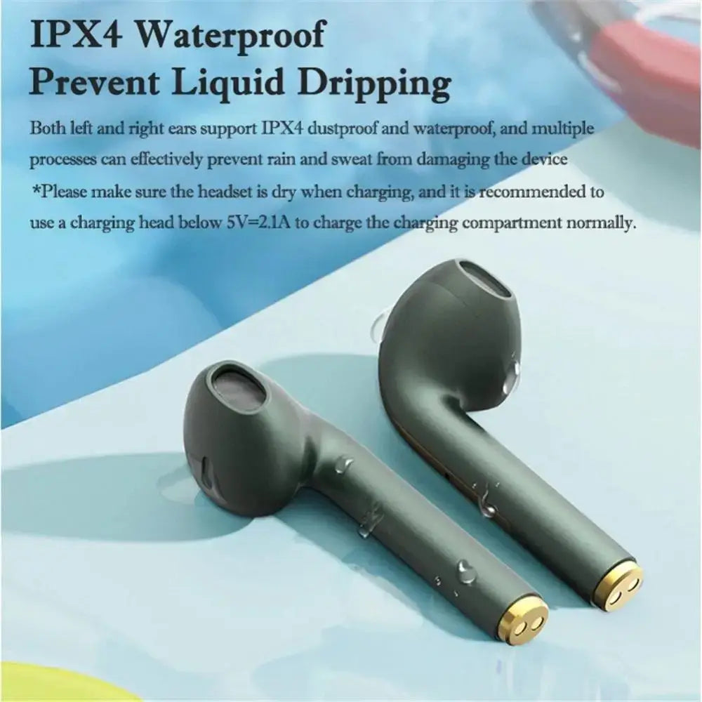 Dark gray wireless noise cancelling earbuds with gold-colored charging contacts at the tips featuring Bluetooth 5.3 technology.