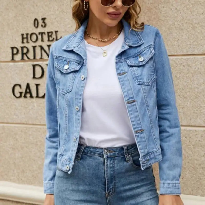 Denim Jacket For Women 2025 Solid Color Black Blue Yellow Pink Red Casual Long Sleeve Button Down Chest Pocket Jean Jacket Lady