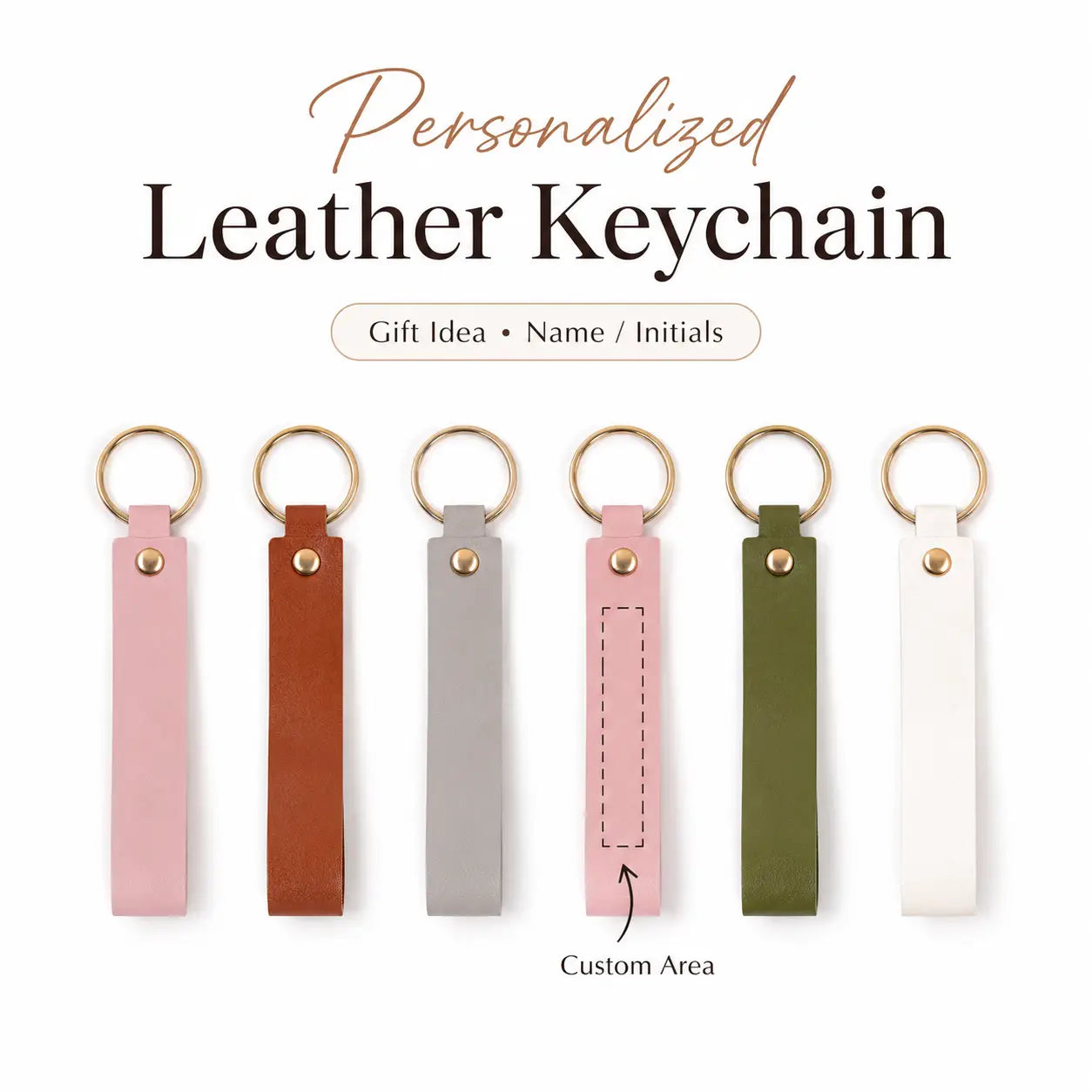 A set of custom name leather keychains in pastel pink brown gray olive green and white showcasing personalized designs.