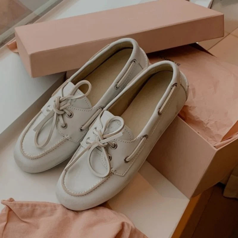 Women's Loafers Shoes Genuine Leather High Quality Round Toe Soft Bottom Flat Shoes Lace Up Breathable Ladies Casual Shoes 2026