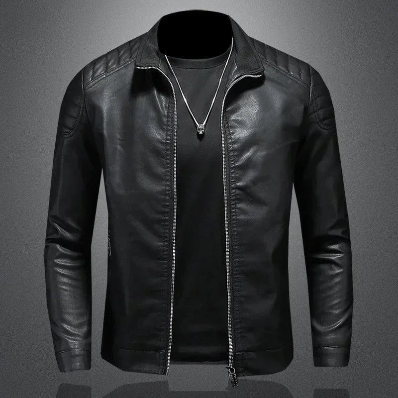 Men's Leather Motorcycle Jacket Standing Collar Fashion Trend Personalized Faux Leather Coat Stylish Biker Outerwear
