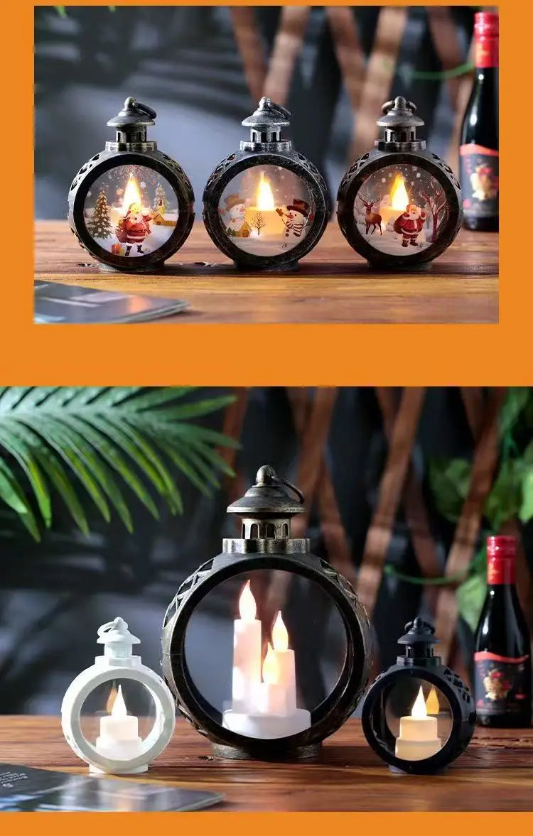 デスクトップ用のイルミネーション付きクリスマスランタンのデザインとして、祝祭の情景と発光するLEDキャンドルを内側に備えた黒い金属製ランタン。