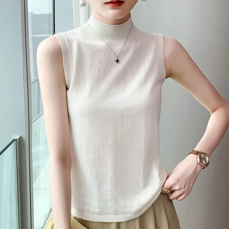 2025 Worsted Pure Wool Women's Autumn And Winter New Half-high Collar Short Slim Fit Inner Base Sweater Sleeveless Vest Women