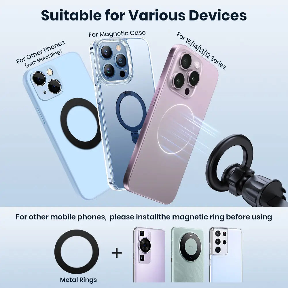 Schwarzer magnetischer Telefonring für den Topk magnetischen KFZ-Handyhalter, kompatibel mit iPhone 15, 14, 13, 12 sowie anderen Smartphones mit Metallringen, gezeigt von der Rückseite